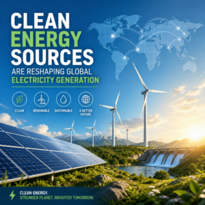 Solar, wind, and hydro power symbols showing clean energy sources reshaping electricity generation