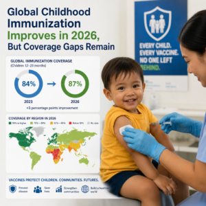 World map showing global childhood immunization coverage projected to reach 87% by 2026, with regional gaps highlighted