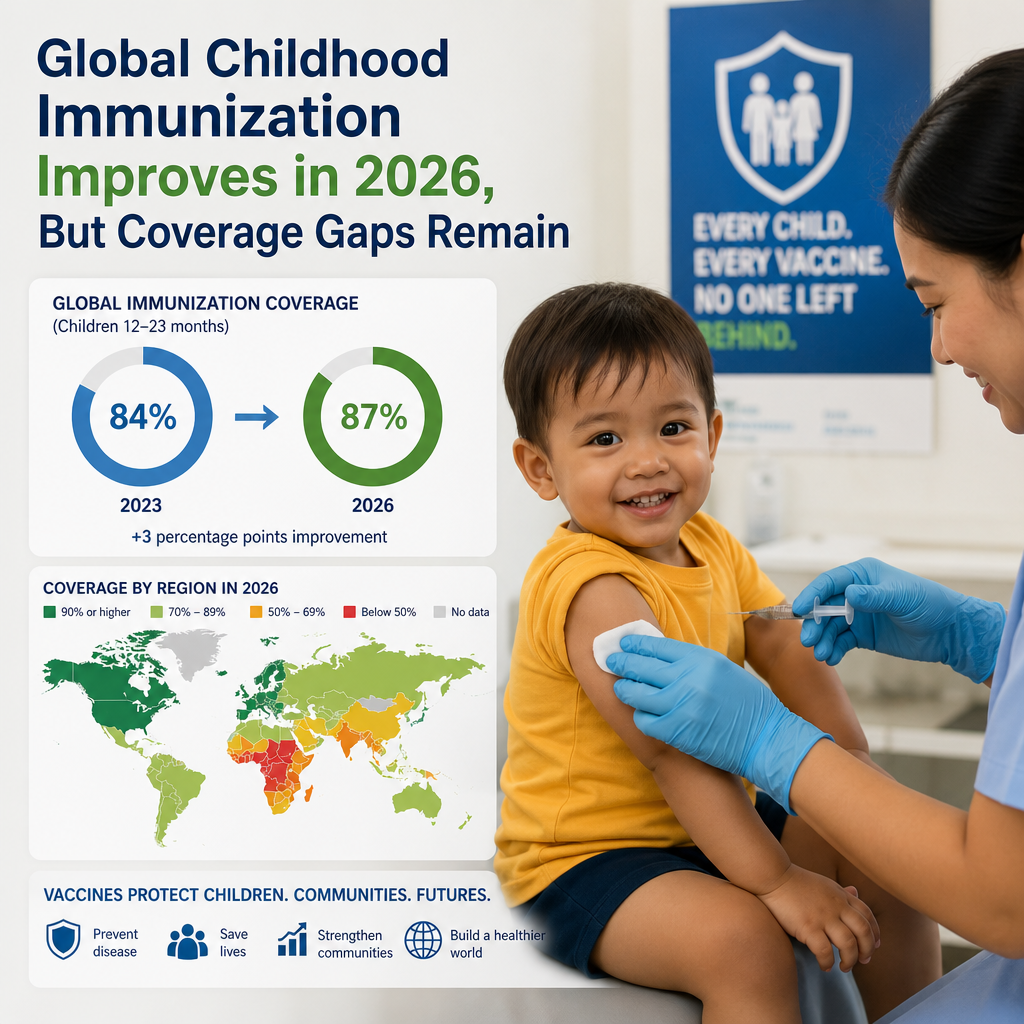 World map showing global childhood immunization coverage projected to reach 87% by 2026, with regional gaps highlighted