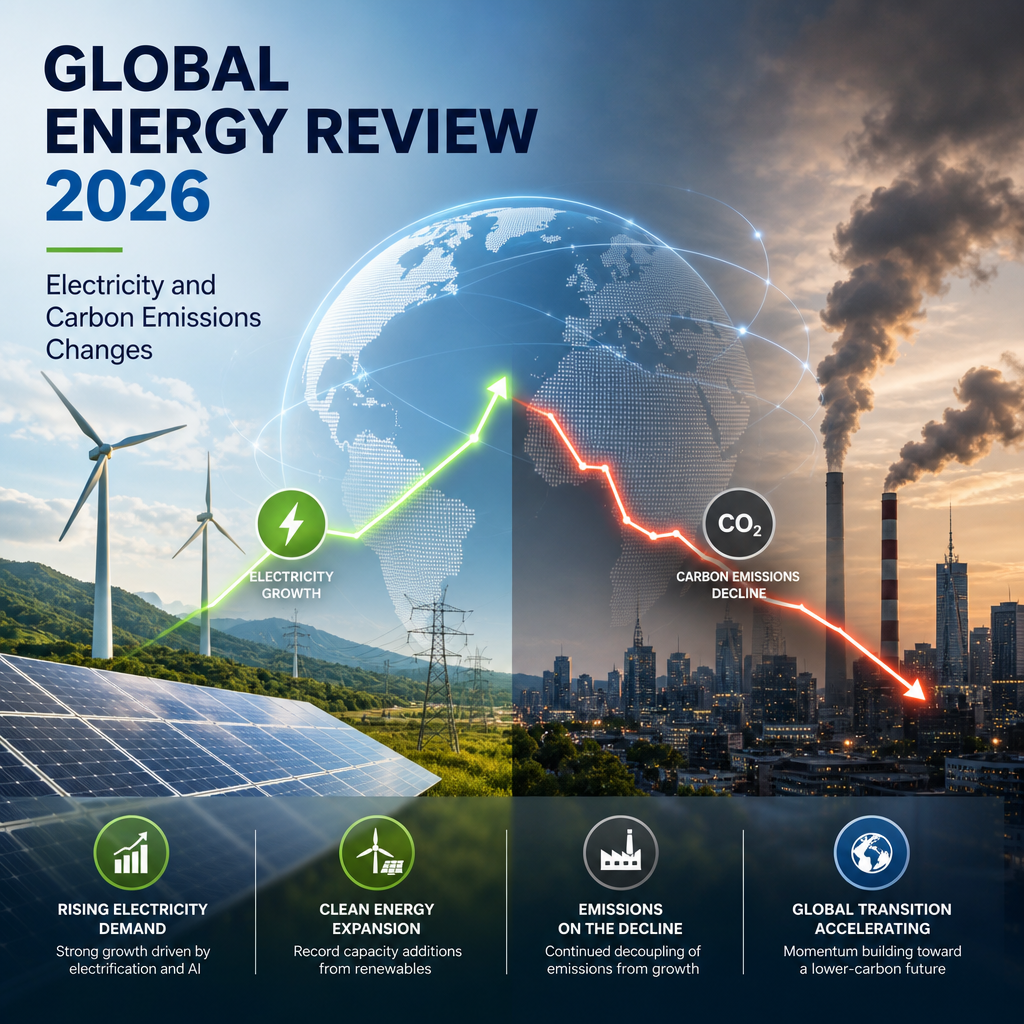 Chart showing rising electricity demand, clean energy growth, and declining carbon emissions worldwide