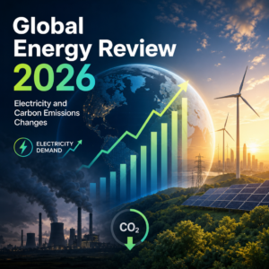 Global Energy Review 2026 chart showing rising electricity demand and falling carbon emissions with renewables.