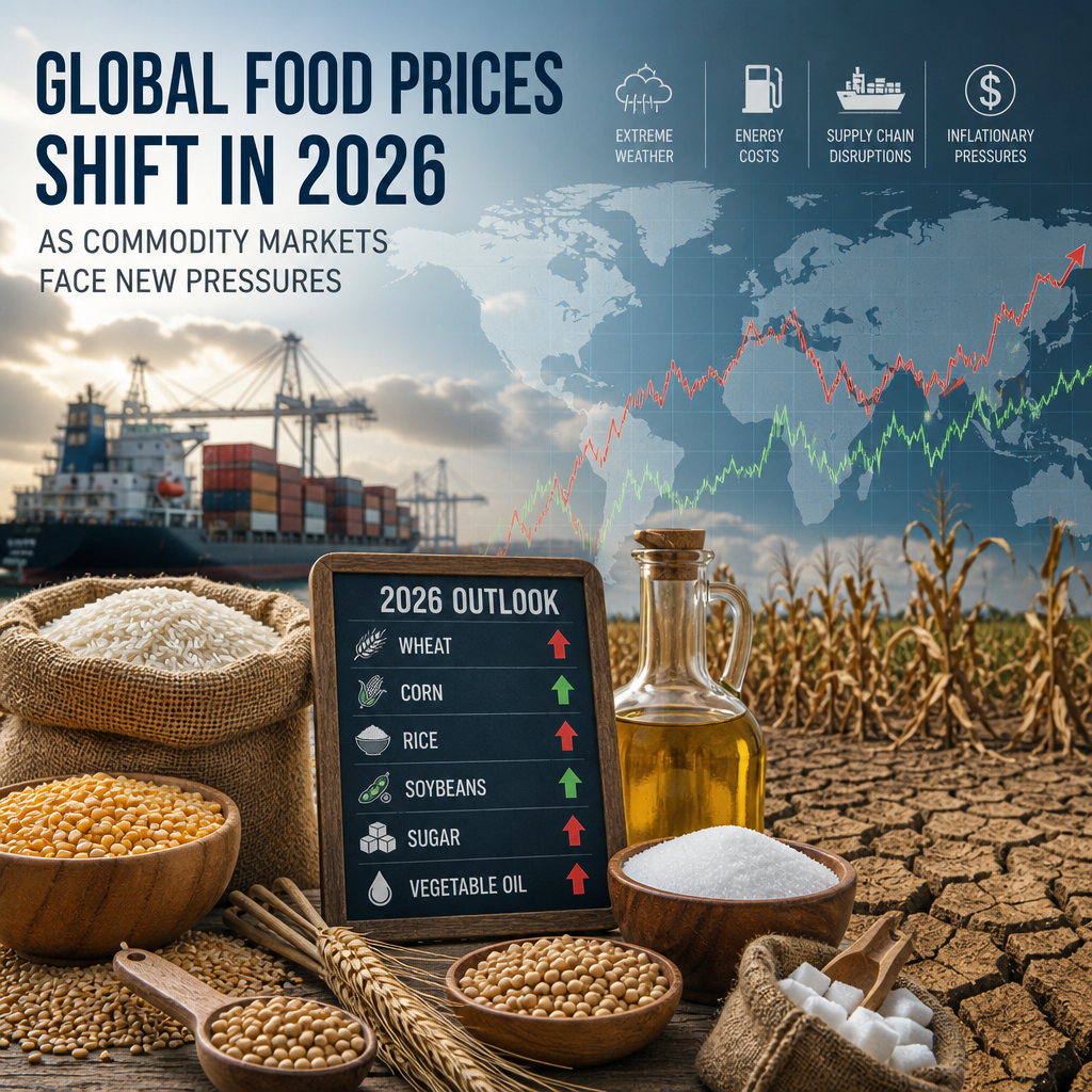 Chart showing global food prices rising in 2026 due to weather, energy costs, supply issues, and inflation