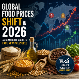 Graph showing global food prices rising and falling with commodity market volatility in 2026