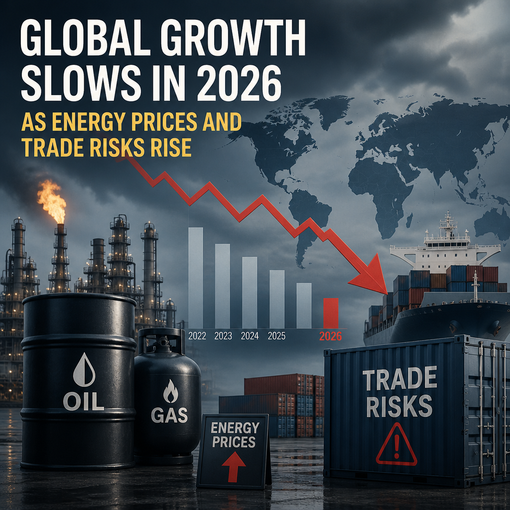 Chart showing global growth forecast declining in 2026 as energy prices and trade risks rise.