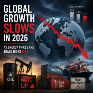 Global growth chart slowing in 2026 with rising energy prices and trade risk icons
