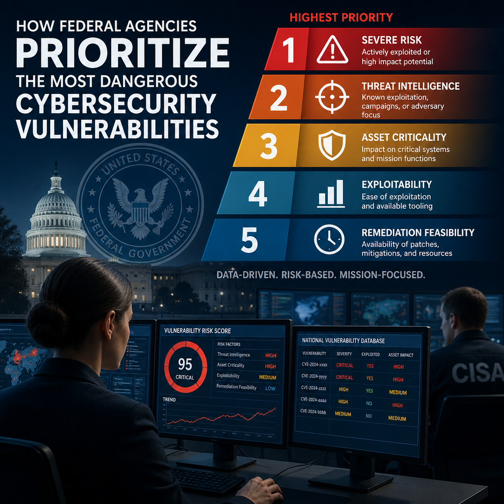 Infographic showing federal agencies prioritizing cybersecurity vulnerabilities by risk, impact, and active threat.