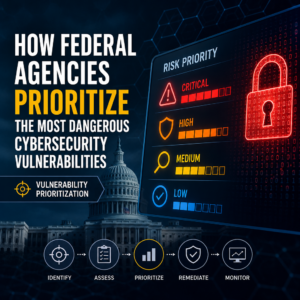 Infographic showing federal agencies prioritizing cybersecurity vulnerabilities by risk level and response steps