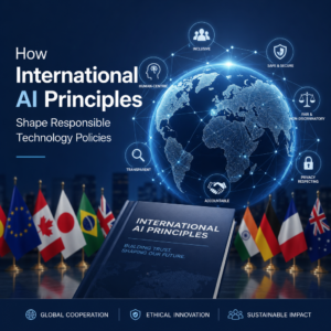 Illustration of international AI principles guiding responsible tech policy, with a digital globe and global flags