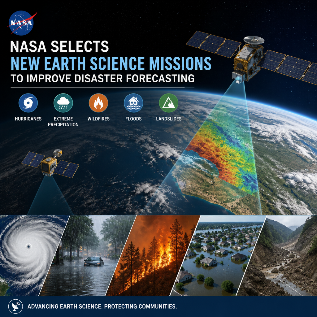 NASA Earth science missions icon with hurricane, flood, wildfire, and landslide symbols