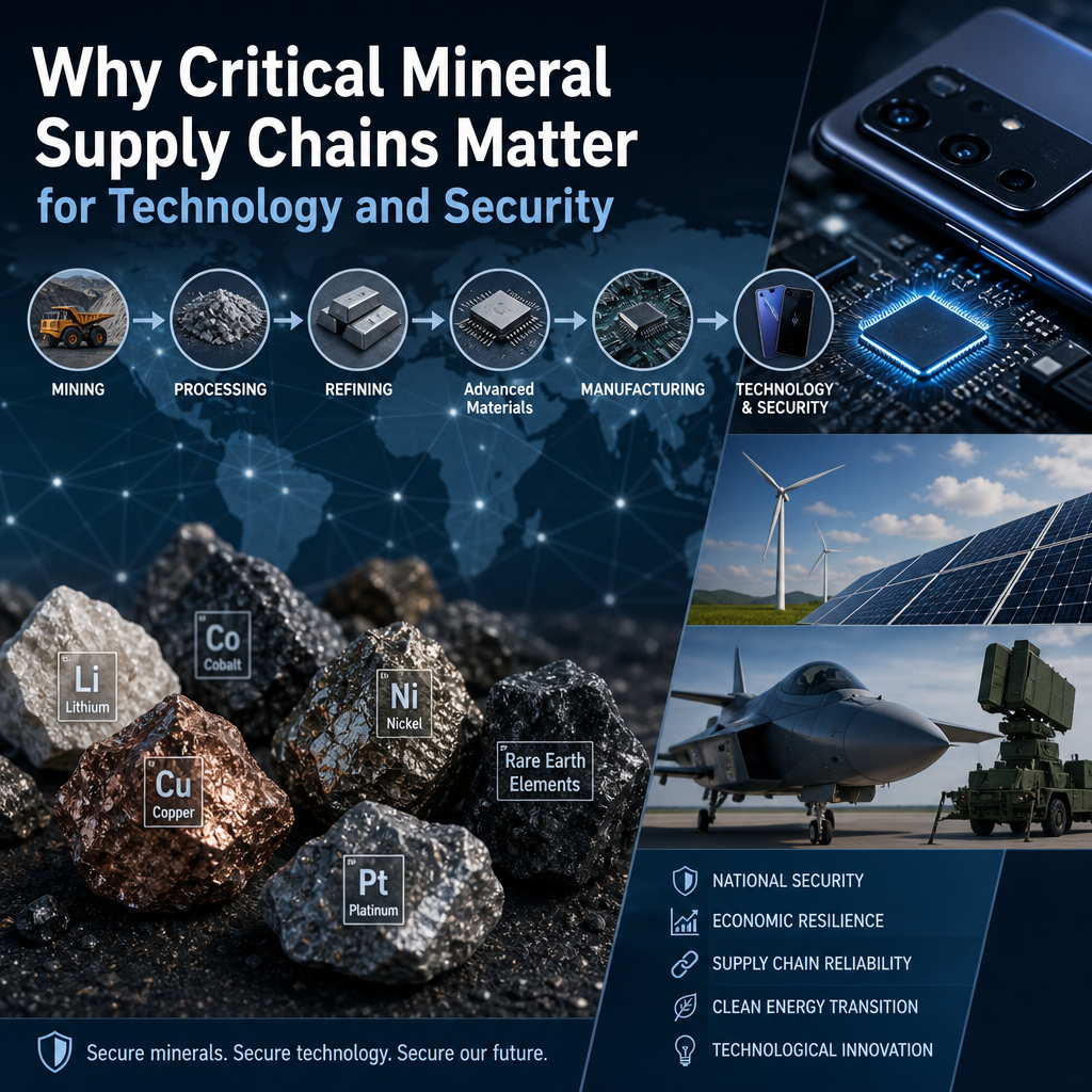 Infographic on critical mineral supply chains powering technology, defense, and economic resilience