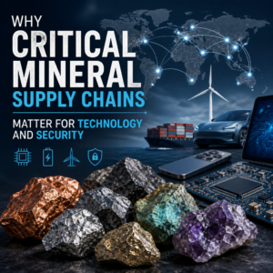 Infographic showing critical mineral supply chains powering technology, electric vehicles, satellites, and defense systems