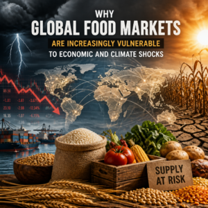 Illustration of global food markets disrupted by climate shocks, rising costs, and fragile supply chains