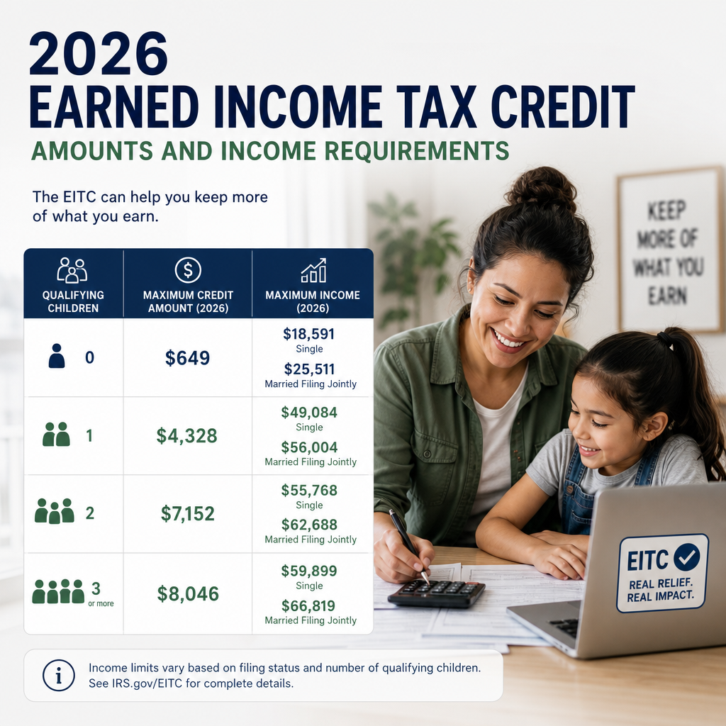 Chart showing 2026 Earned Income Tax Credit amounts and income limits by number of qualifying children