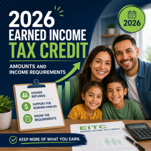 2026 Earned Income Tax Credit benefits with smiling family and income requirement details
