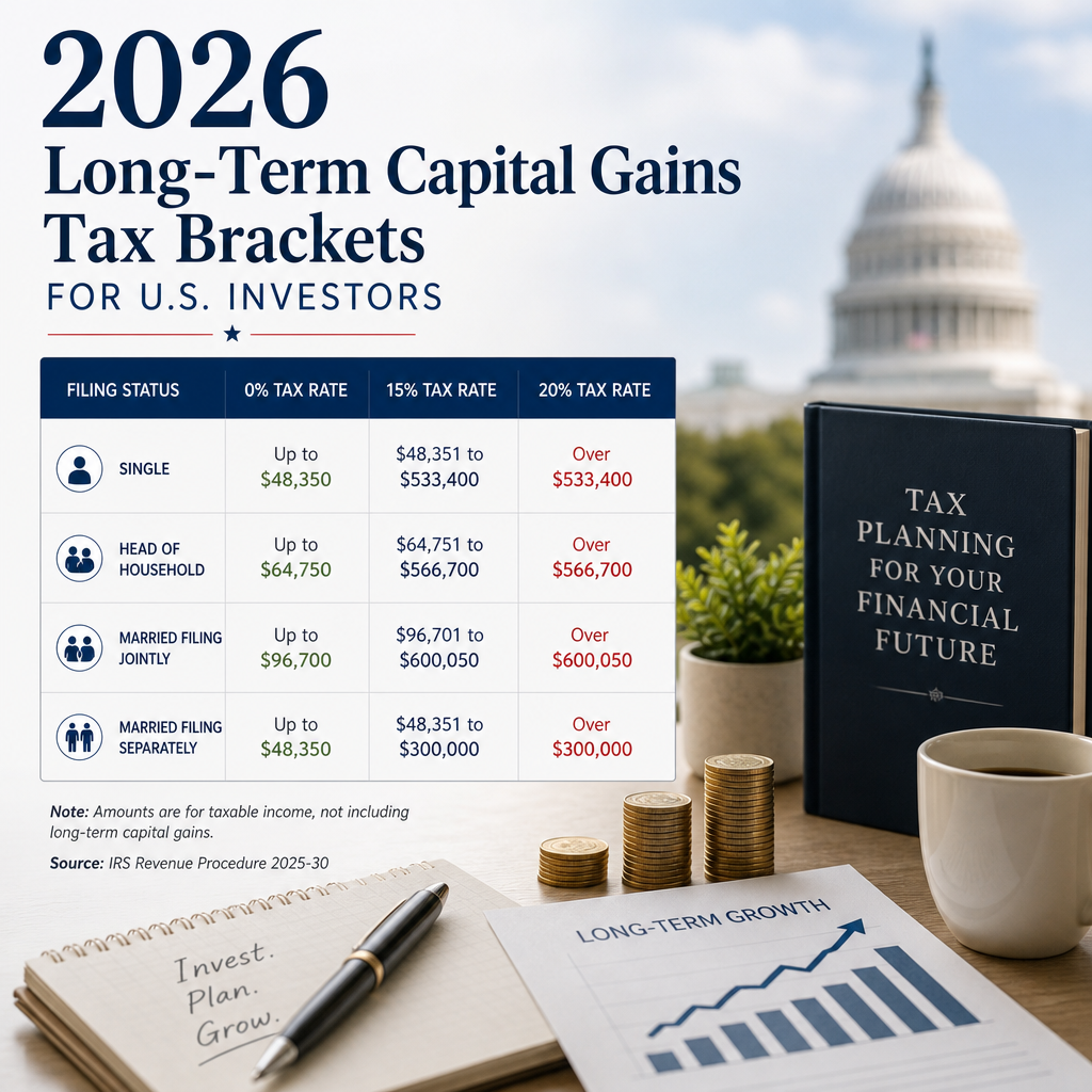 2026 long-term capital gains tax brackets for U.S. investors by filing status and tax rate