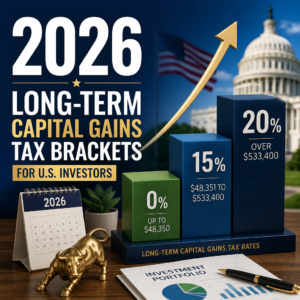Chart of 2026 U.S. long-term capital gains tax brackets showing 0%, 15%, and 20% rates.