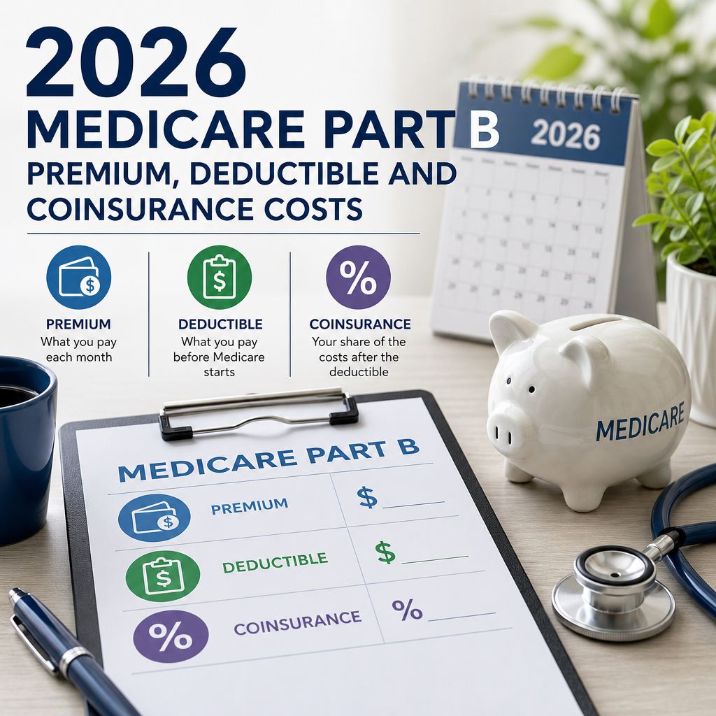 2026 Medicare Part B costs overview with premium, deductible, coinsurance, and healthcare icons