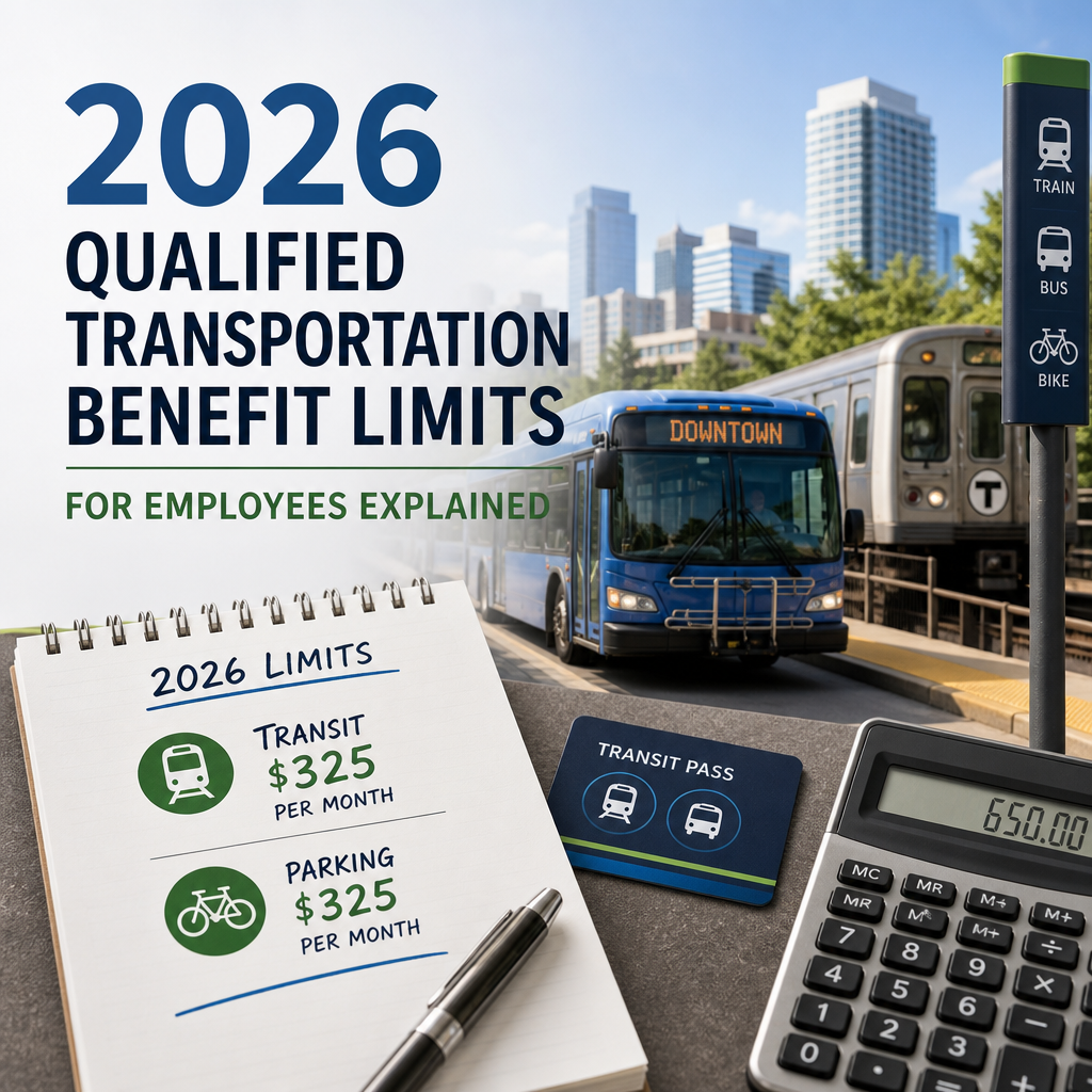Chart of 2026 qualified transportation benefit limits for employees, showing transit and parking allowances.