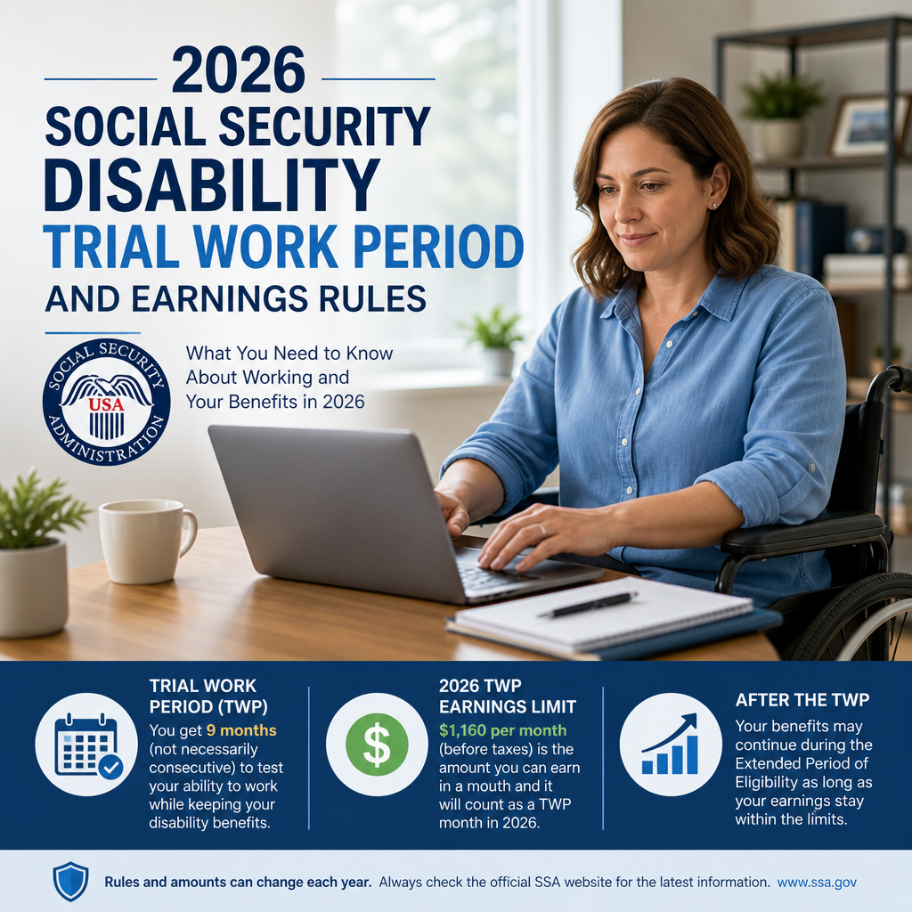 Chart explaining 2026 Social Security Disability trial work period and earnings rules for beneficiaries