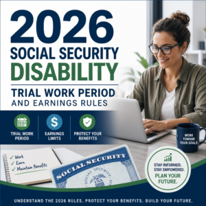 Chart explaining 2026 Social Security disability trial work period and earnings rules to protect benefits