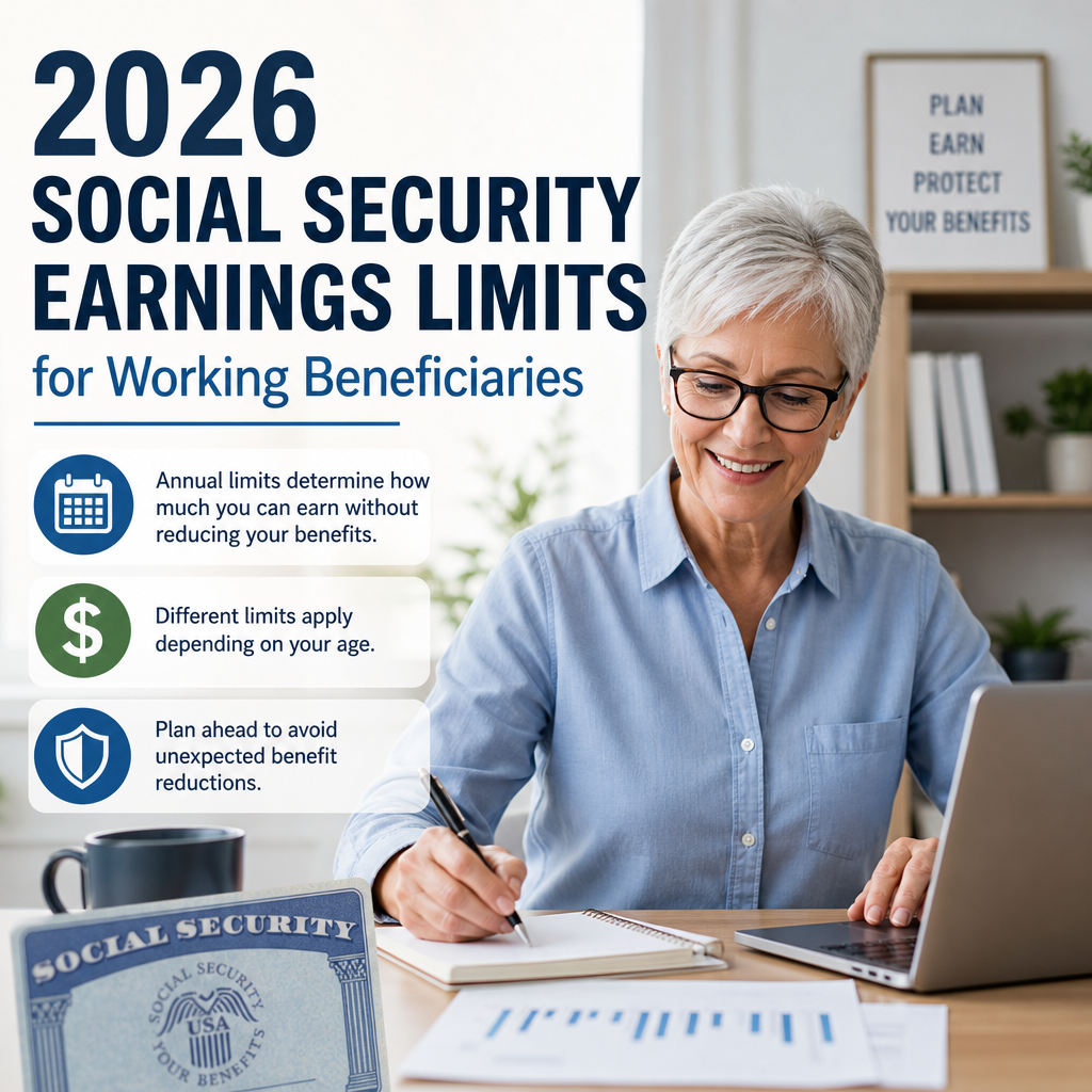 Chart showing 2026 Social Security earnings limits for working beneficiaries, with tips to avoid benefit reductions.