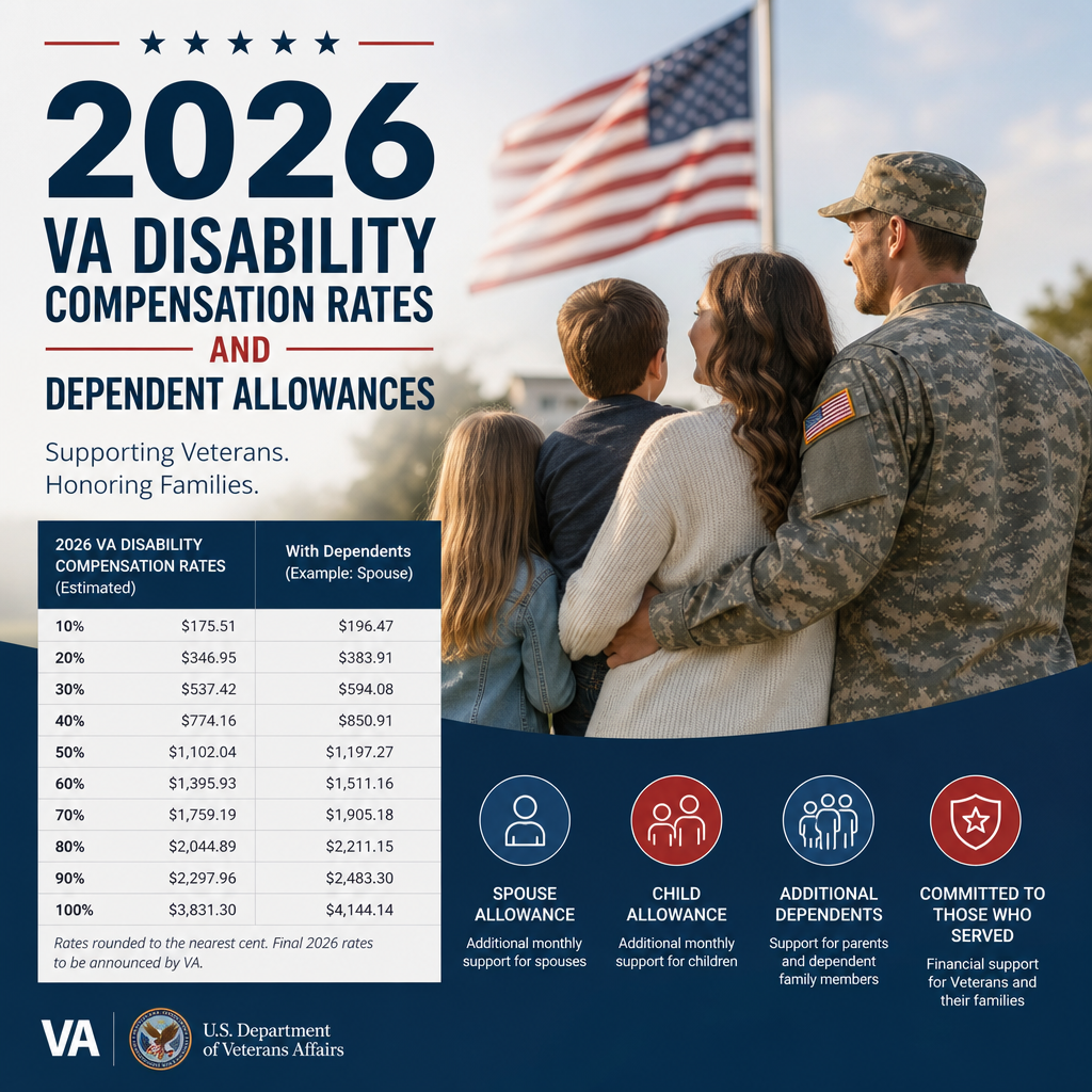 2026 VA disability compensation rates and dependent allowances with U.S. flag background