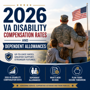 2026 VA disability compensation rates update with family and American flag background