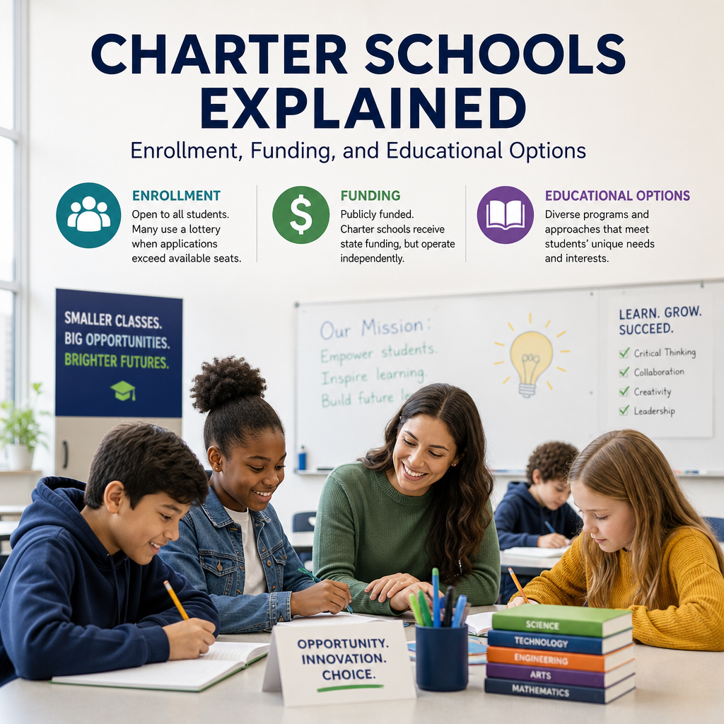 Illustration of charter schools, showing enrollment, funding, and flexible educational options for students
