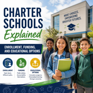 Diverse smiling students outside a charter school building promoting enrollment and educational options