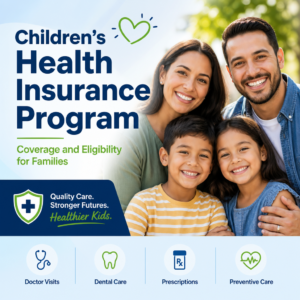Happy family promoting Children's Health Insurance Program coverage for doctor, dental, prescription, and preventive care