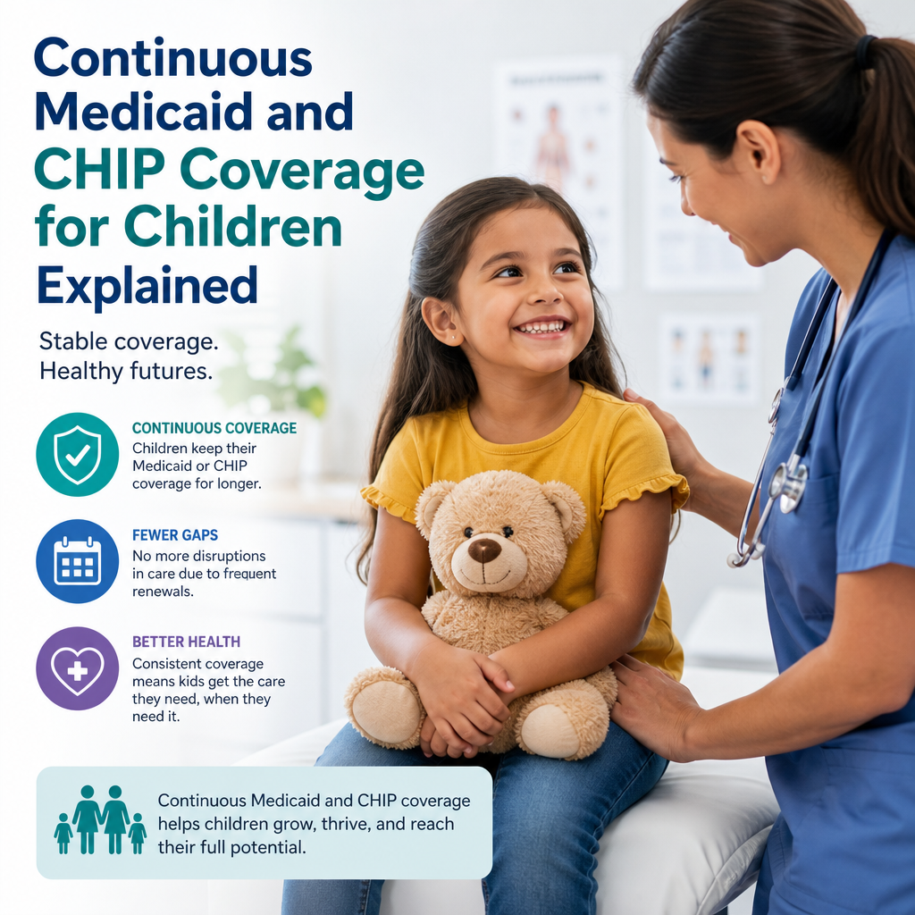 Healthcare professional explaining Medicaid and CHIP coverage to a smiling child holding a teddy bear