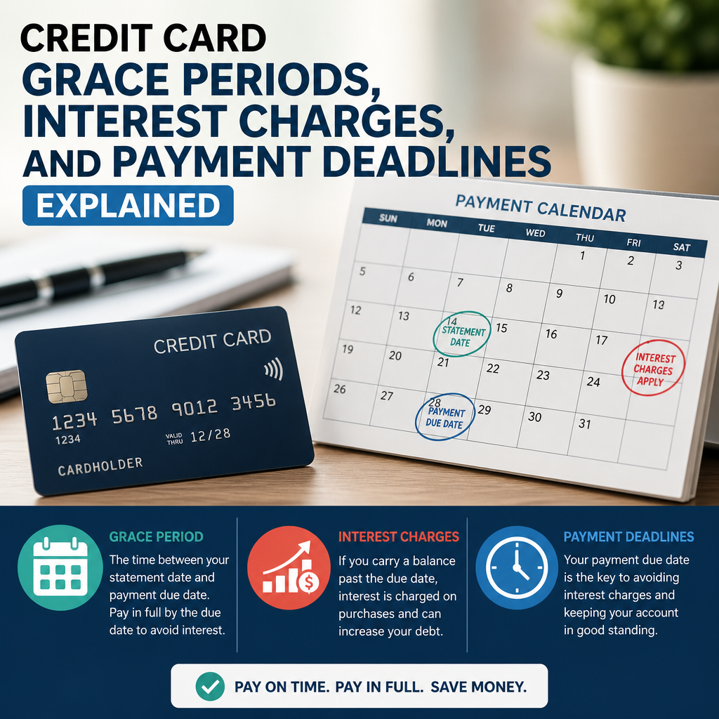 Credit card grace periods, interest charges, and payment deadlines shown with calendar and card icons