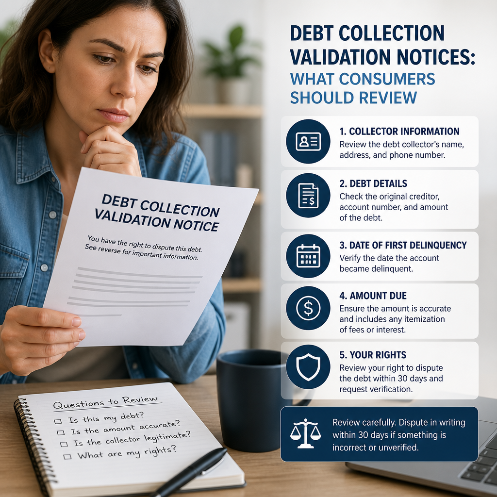 Woman reviewing a debt collection validation notice with consumer review tips on screen.