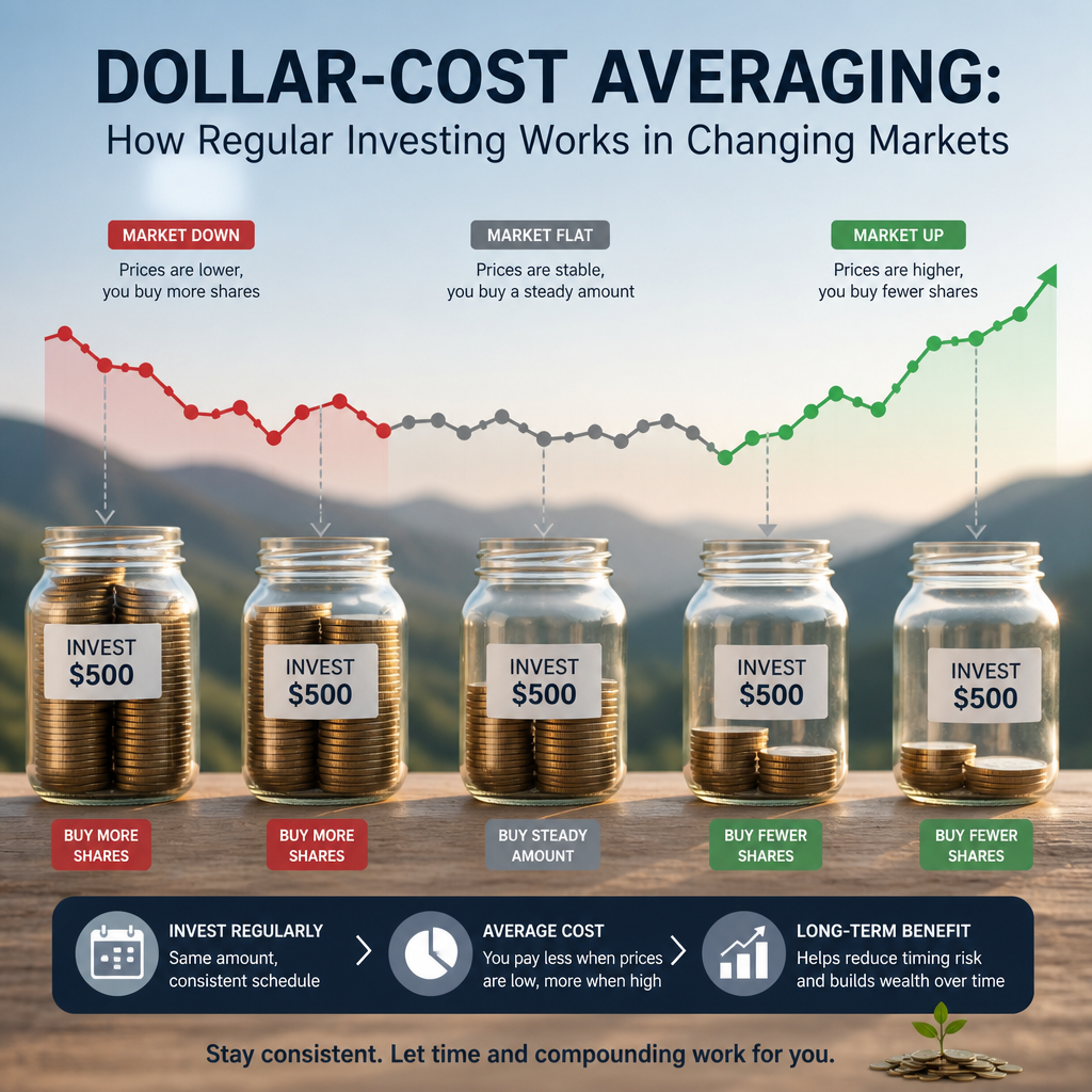 Infographic showing dollar-cost averaging and how regular investing works in changing markets