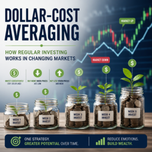 Illustration of dollar-cost averaging: regular weekly investments growing over time despite market ups and downs
