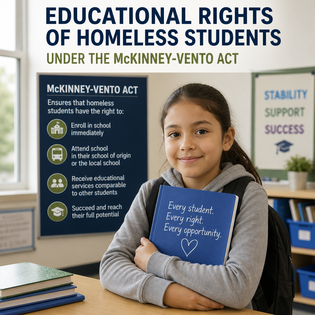 Student backpack beside school supplies and a bus icon, symbolizing McKinney-Vento rights for homeless students