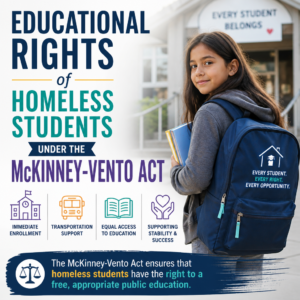 Homeless student holding backpack beside school bus, illustrating McKinney-Vento education rights and support