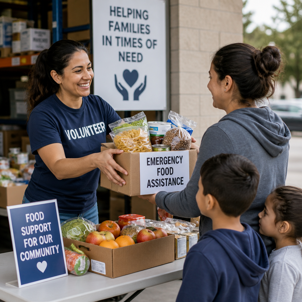 Volunteer handing emergency food boxes to a family at a community food support event