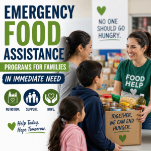Emergency food assistance staff handing out groceries to families in need