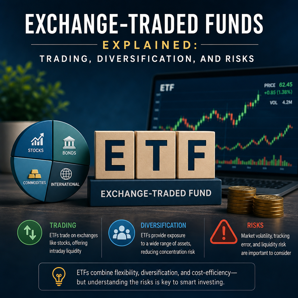 Informative graphic explaining ETFs, trading, diversification, and investment risks.