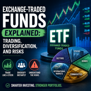 Infographic explaining ETFs, showing trading, diversification, and investment risks.