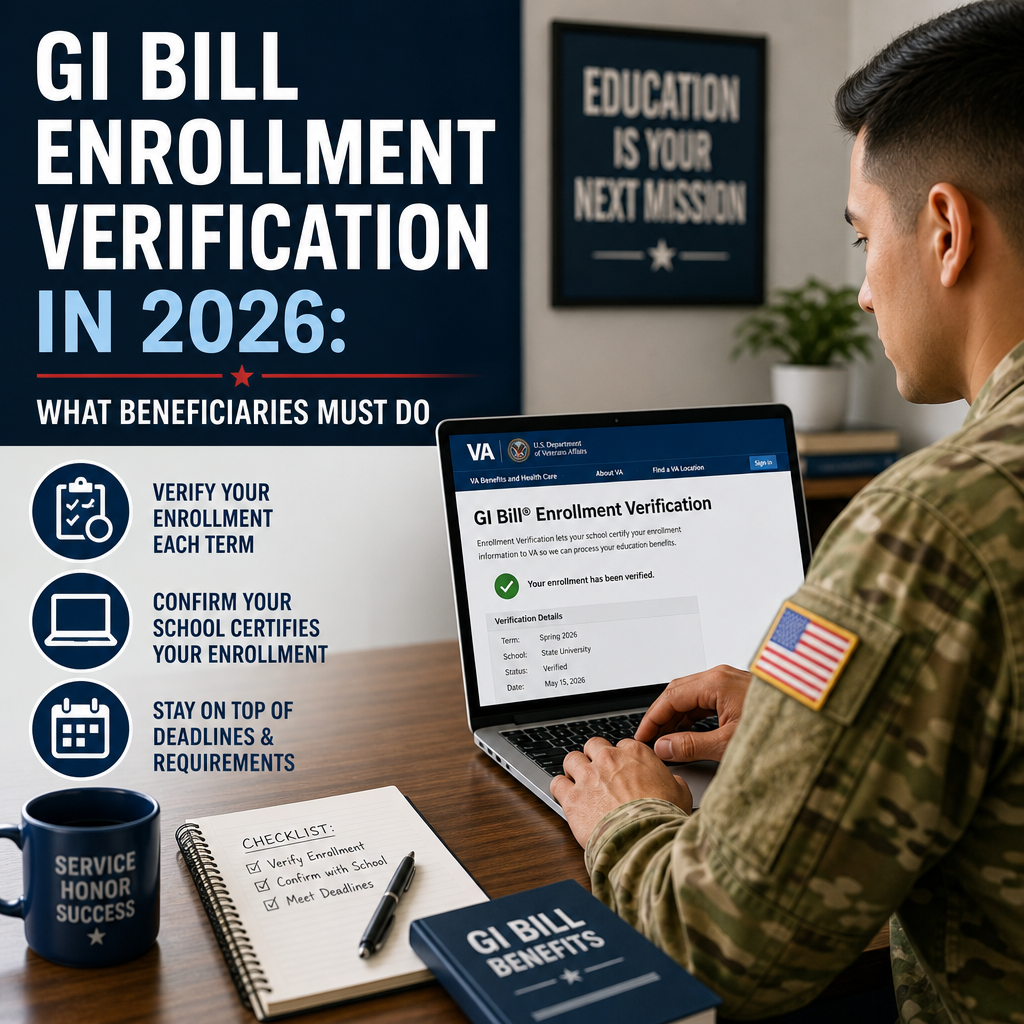 Veteran verifying GI Bill enrollment online in 2026 to keep education benefits accurate and on time