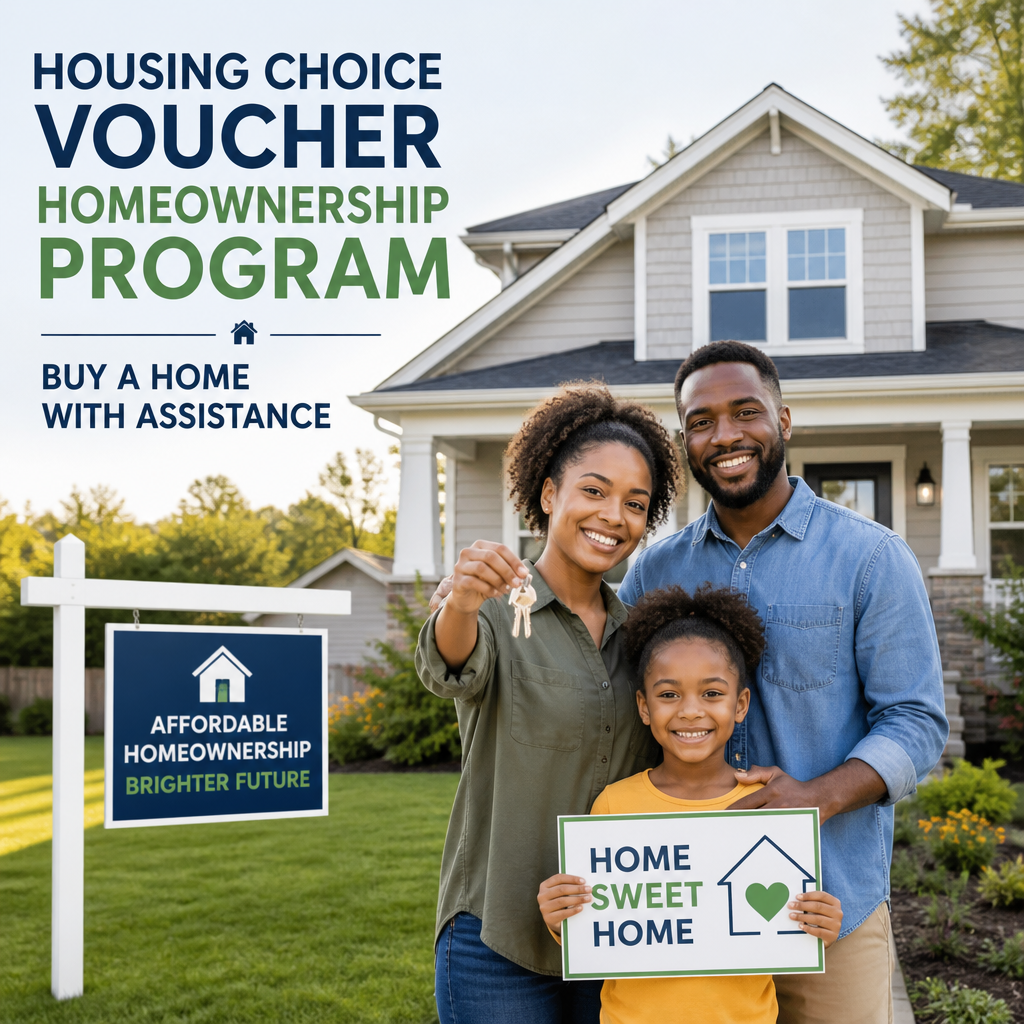 Happy family holding keys and a Home Sweet Home sign in front of a new house with a Housing Choice Voucher ad
