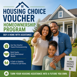 Happy family holding keys in front of a new home, promoting the Housing Choice Voucher Homeownership Program