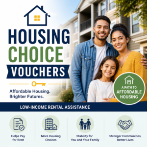 Happy family standing in front of affordable housing, promoting Housing Choice Vouchers for rental assistance