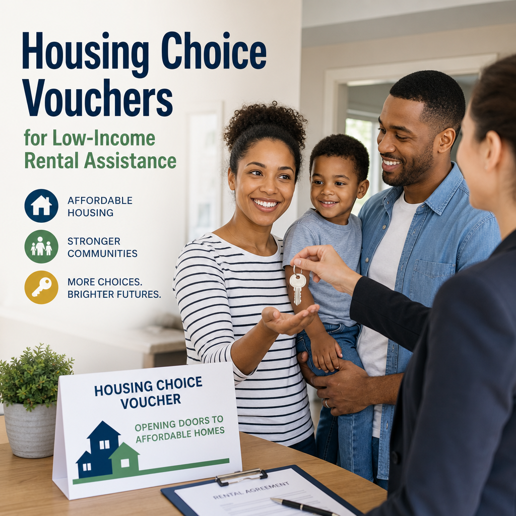 Happy family receiving housing choice voucher keys for low-income rental assistance