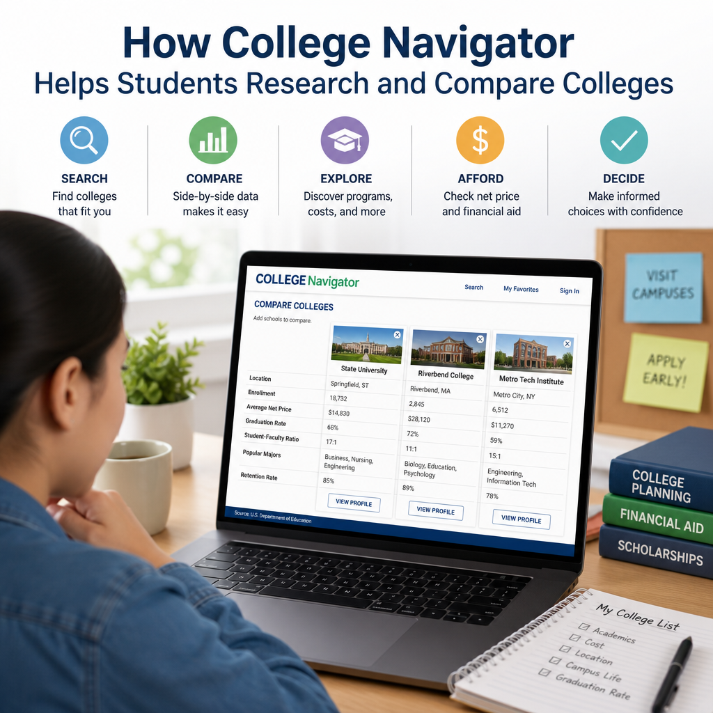 Student using College Navigator on a laptop to compare college data