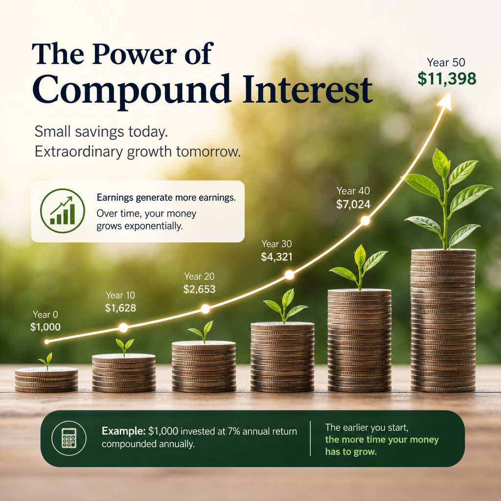 Infographic showing coin stacks and plant growth illustrating compound interest growing savings over time