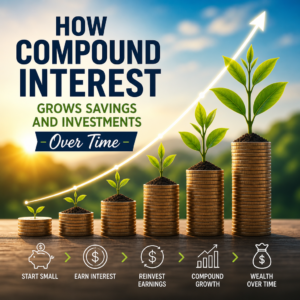 Illustration of rising coin stacks and growing plants showing compound interest over time
