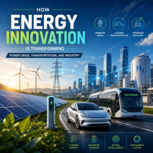 Illustration of energy innovation with power grids, electric vehicles, and clean industrial technology